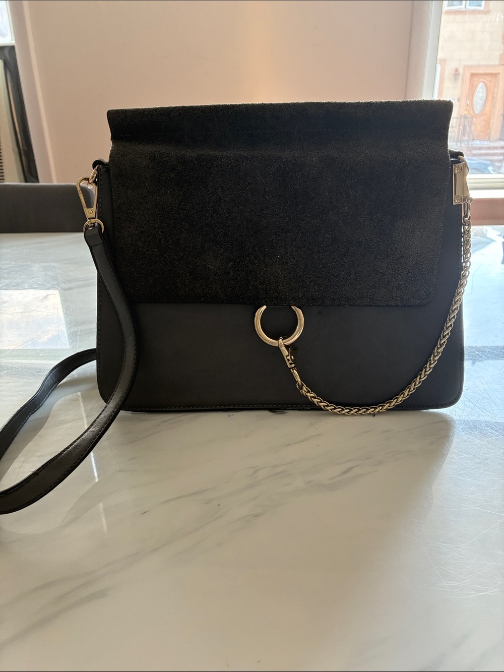 Gret Suede & Leather Chain-Accent Crossbody Bag